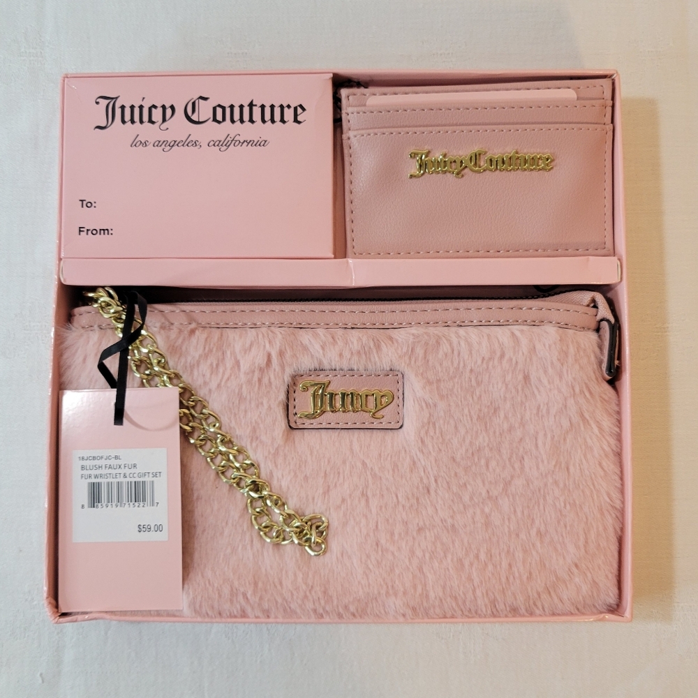 Juicy Couture: Blush Pink Faux Fur Wristlet Clutch & Credit Card Holder Gift Set